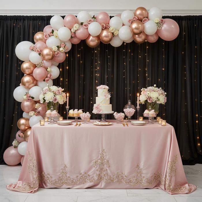 Sheer Voile Flame Retardant (FR) 14ft H x 118" W Drape/Backdrop Curtain Panel - Black with blush, white and rosegold metallc balloons