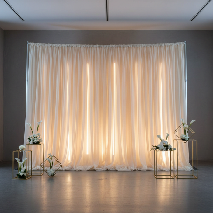 Sheer Voile Flame Retardant (FR) 14ft H x 118" W Drape/Backdrop Curtain Panel - Champagne | uprights | bases | crossbar |