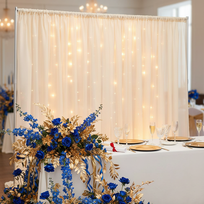 Sheer Voile Flame Retardant (FR) 14ft H x 118" W Drape/Backdrop Curtain Panel - Champagne | uprights | bases | crossbar |
