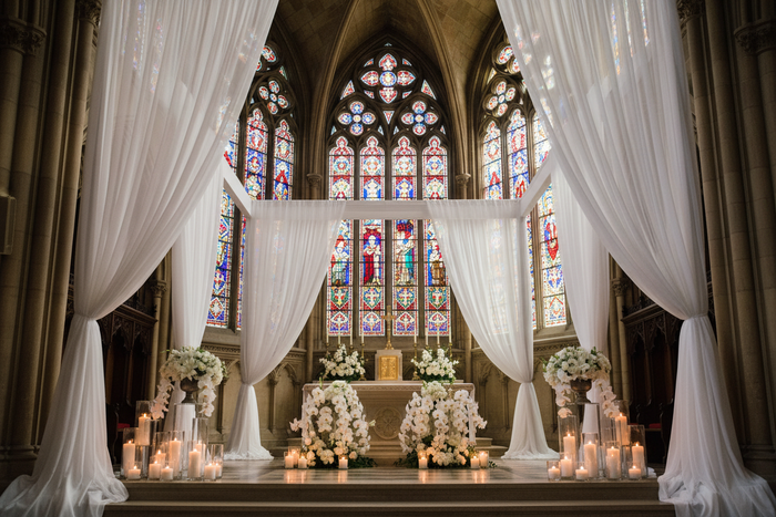 cathedral ceremony with Sheer Voile Flame Retardant (FR) 8ft H x 118" W Drape/Backdrop Curtain Panel - White