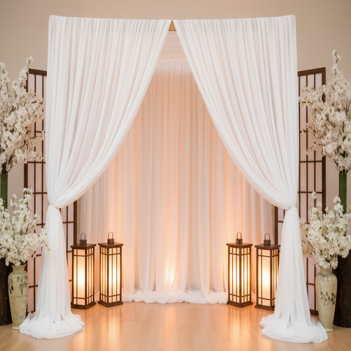 business setup with Sheer Voile Flame Retardant (FR) 8ft H x 118" W Drape/Backdrop Curtain Panel - White