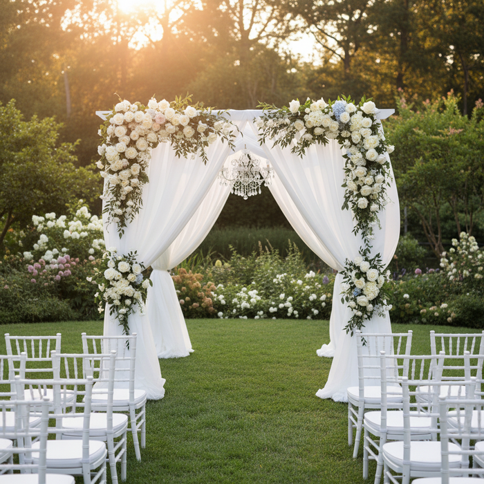 garden wedding ceremony with Sheer Voile Flame Retardant (FR) 8ft H x 118" W Drape/Backdrop Curtain Panel - White