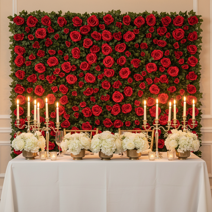 Silk Greenery with Roses Wall Backdrop Panel - Red