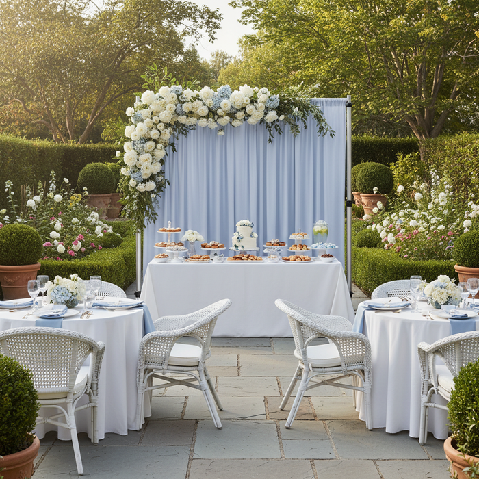 outdoor garden baby shower setup with  Spandex 4-way Stretch Backdrop Drape Curtain 16ft H x 60" W - Dusty Blue