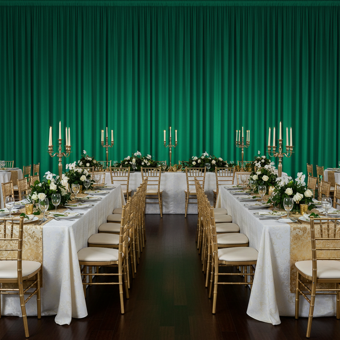 indoor gala banquet dinner table with Spandex 4-way Stretch Backdrop Drape Curtain 16ft H x 60" W - Emerald Green