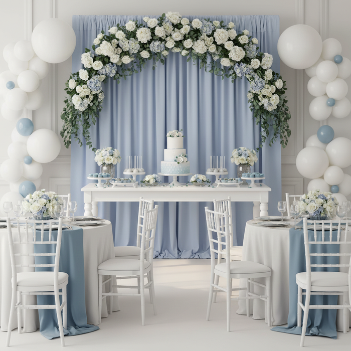 luxury indoor baby shower with Spandex 4-way Stretch Backdrop Drape Curtain 18ft H x 60" W - Dusty Blue