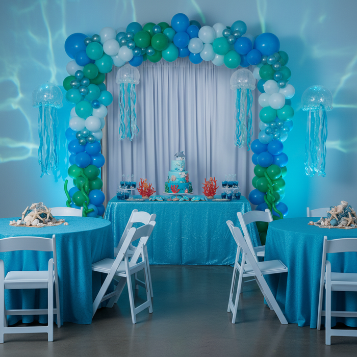 under the sea themed birthday party with Spandex 4-way Stretch Backdrop Drape Curtain 18ft H x 60" W - Dusty Blue