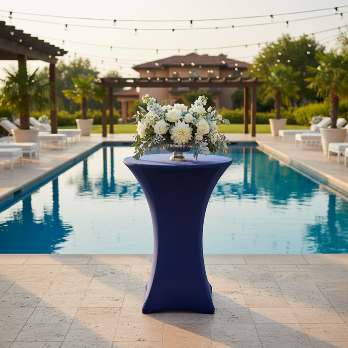 Spandex Cocktail Table Cover 36" Round - Navy Blue in Outdoor Reception.