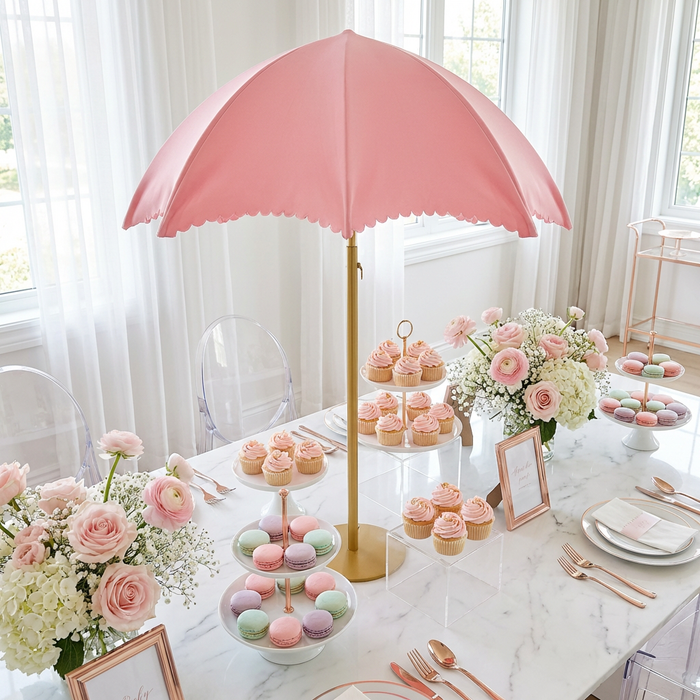 Spandex Cover for Adjustable Umbrella Centerpiece Stand Pink dessert table with clear modern oval back chairs