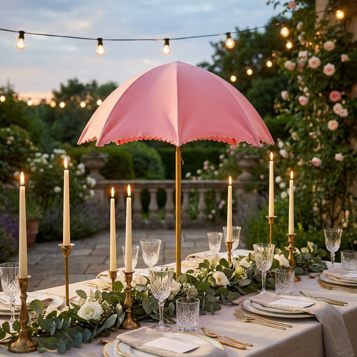 Spandex Cover for Adjustable Umbrella Centerpiece Stand Pink for an outdoor brunch with white gold trimmed dinner plates, wine glasses, and tapered candles