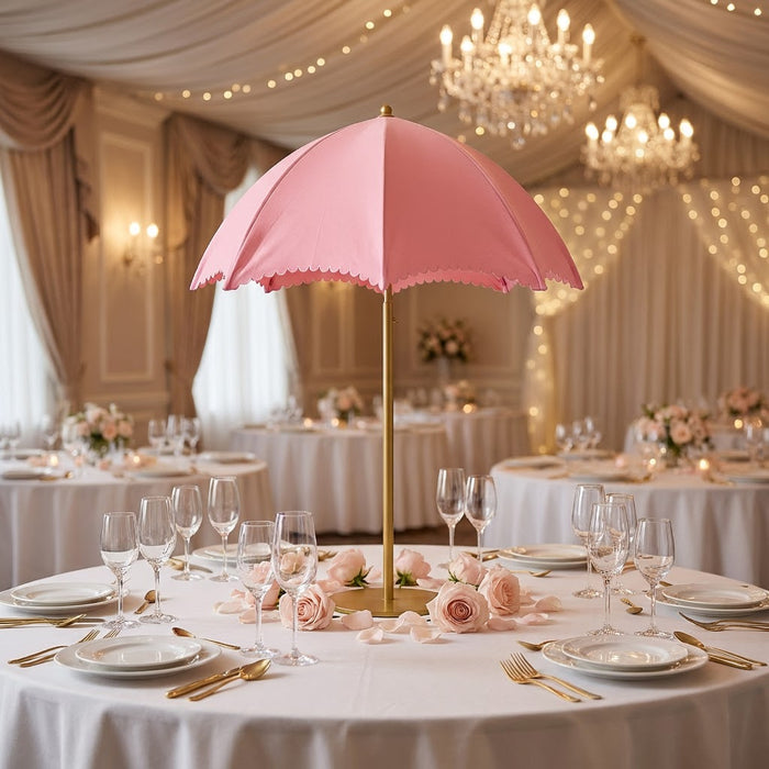 Spandex Cover for Adjustable Umbrella Centerpiece Stand Pink on a round table with water glasses and pink roses