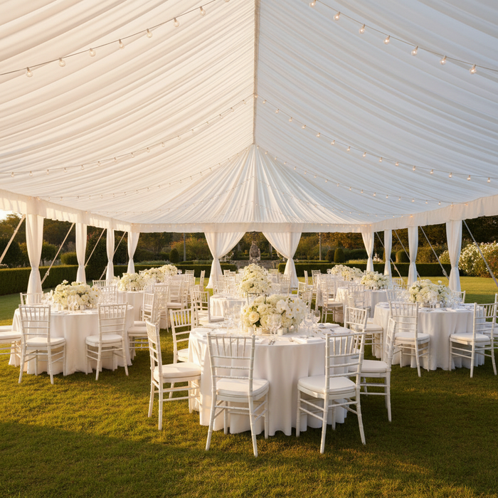 tent marquee setup with Spandex Stretch 4-way Fabric Roll 10 yds 58" - White