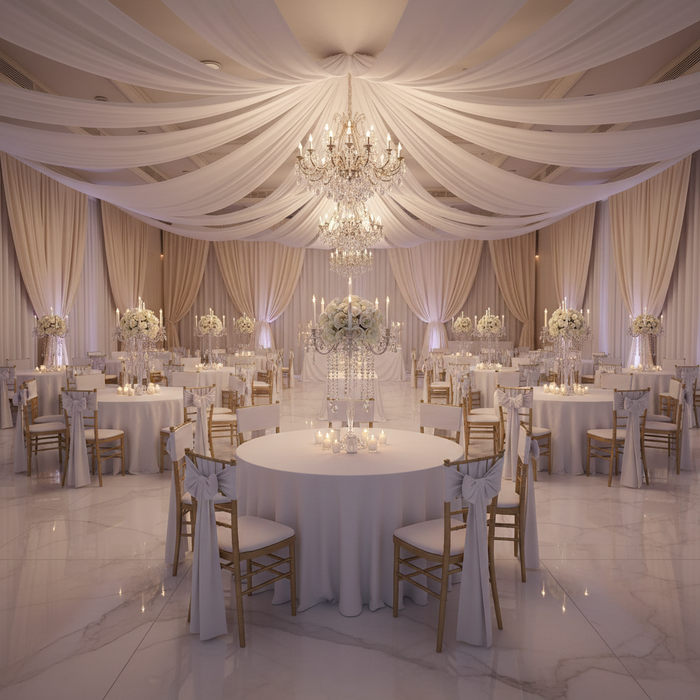 indoor luxury wedding reception with Spandex Stretch 4-way Fabric Roll 10 yds 58" - White