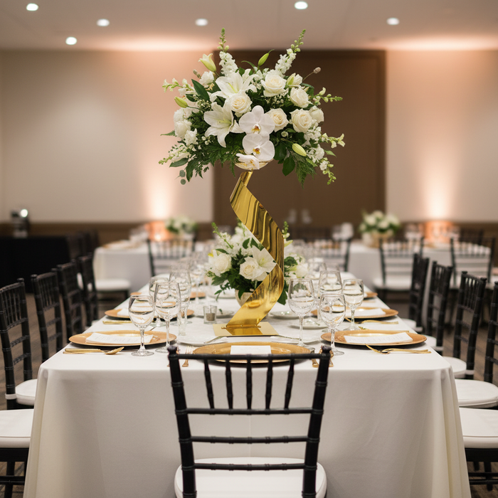 Spiral Ribbon Floral Centerpiece Stand - Gold with Black Chiavari Chairs.