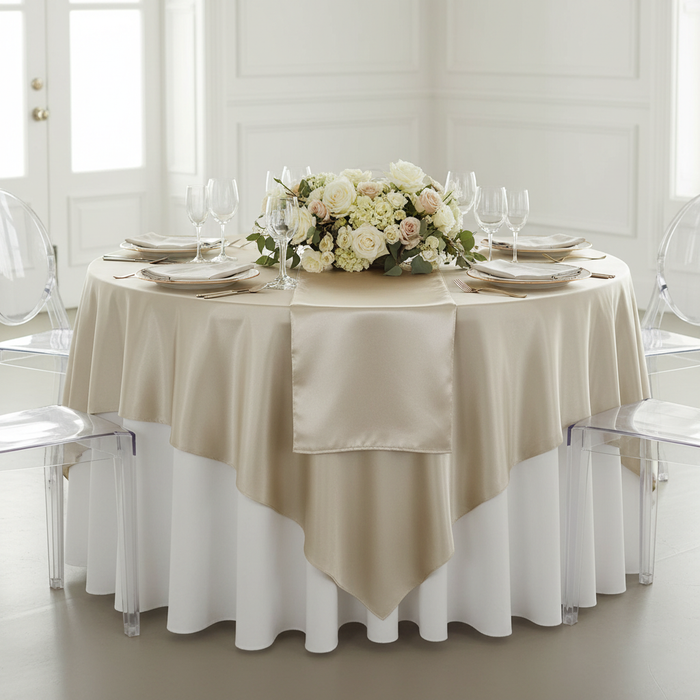 Square 90"x90" Satin Table Overlay - Champagne.