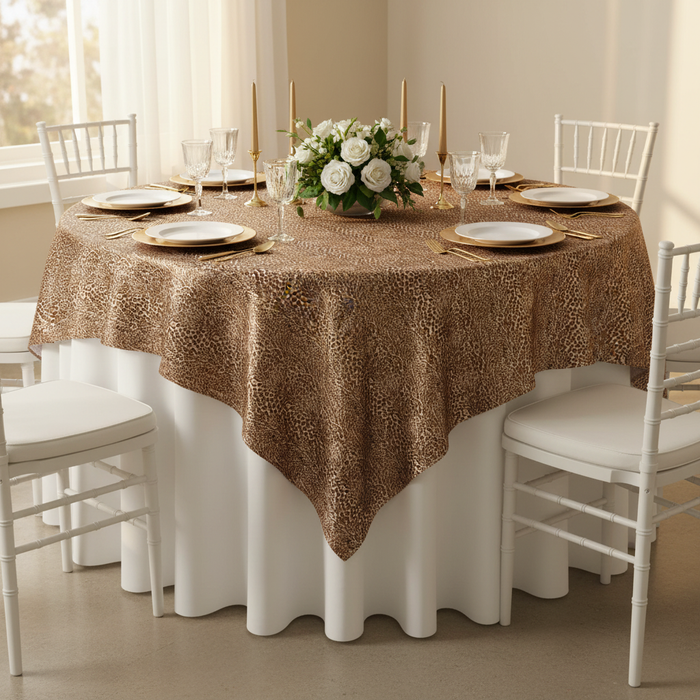 Square 90"x90" Satin Table Overlay - Leopard Design.