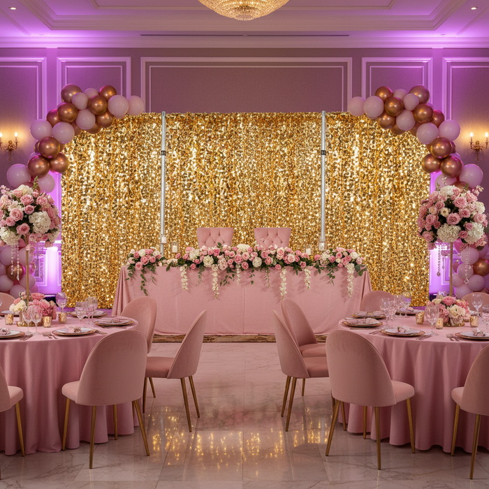 indoor birthday setup with Square Payette Sequin 10ft H x 52" W Drape/Backdrop panel - Gold