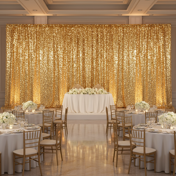 wedding sweetheart table setup with Square Payette Sequin 10ft H x 52" W Drape/Backdrop panel - Gold