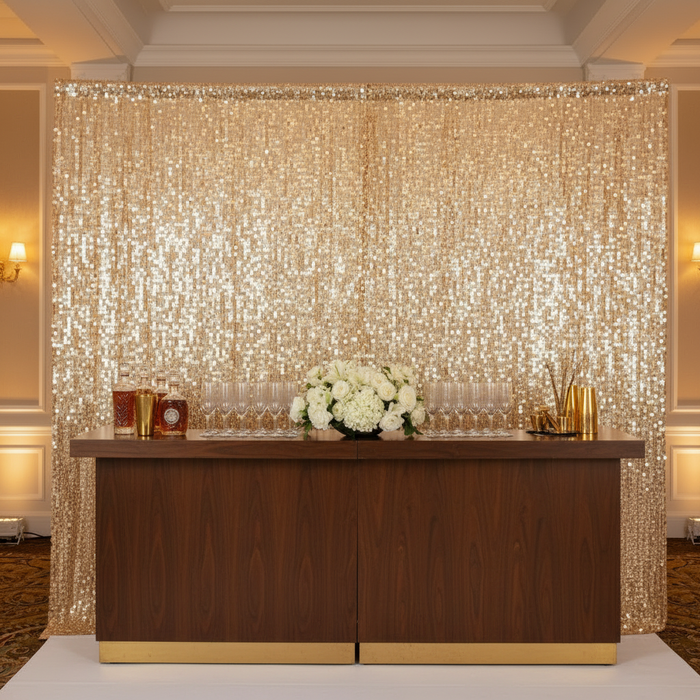 Square Payette Sequin 12ft H x 52" W Drape/Backdrop panel - Champagne | uprights | crossbar | bases |