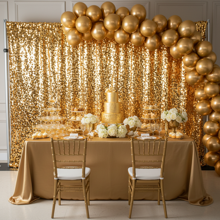 birthday celebration with Square Payette Sequin 12ft H x 52" W Drape/Backdrop panel - Gold