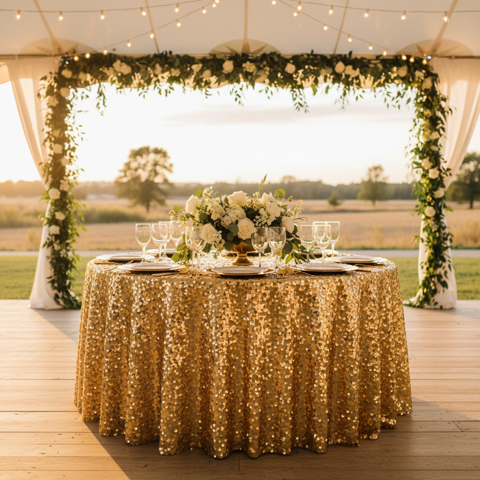 Square Payette Sequin Round 120" Tablecloth - Gold | charger plate | wine goblet | centerpiece |
