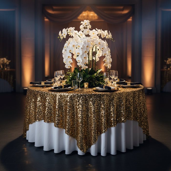 Square Payette Sequin Table Overlay Topper 90"x90" Square - Gold | charger plate | napkin | wine goblets | centerpiece |