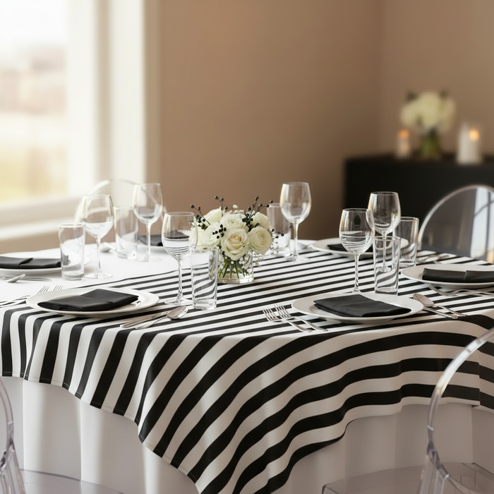 Stripe 72"x72" Square Satin Table Overlay - Black & White.