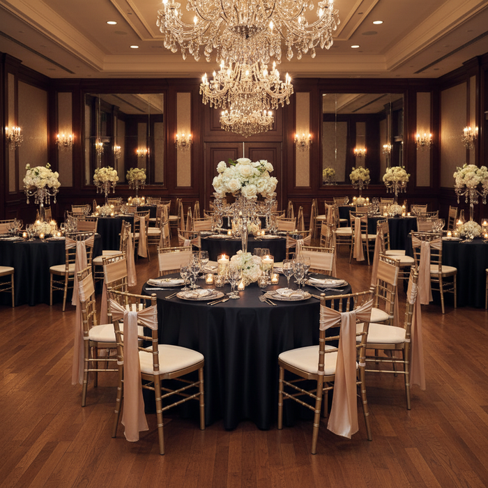 wedding ballroom reception with Taffeta Tablecloth 120" Round - Black