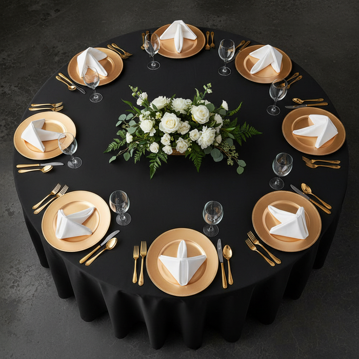 top view wedding detail reception of Taffeta Tablecloth 120" Round - Black