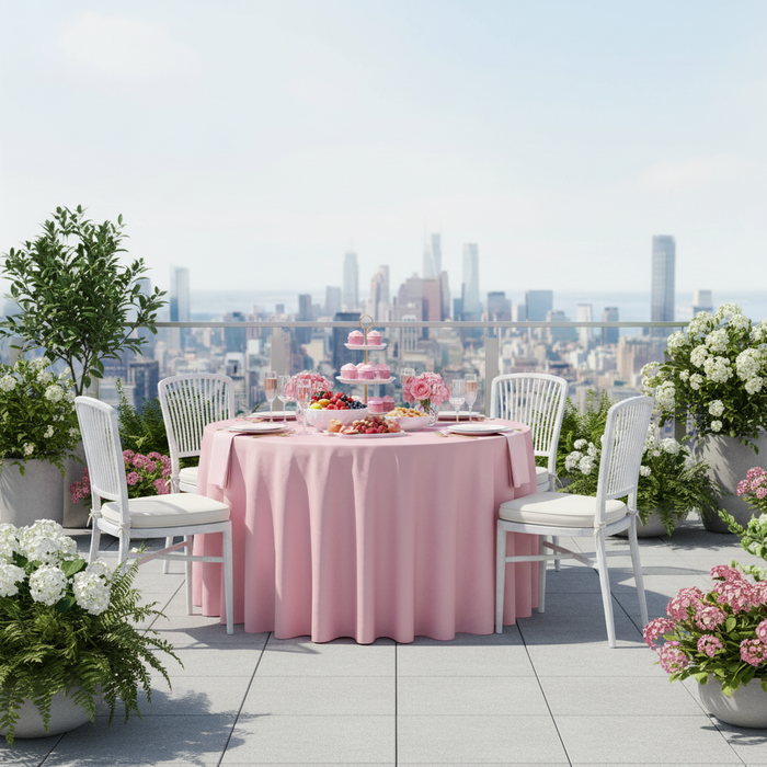 rooftop bridal shower brunch with Taffeta Tablecloth 120" Round - Pink