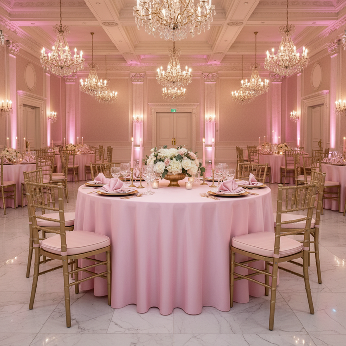 elegant wedding reception with Taffeta Tablecloth 120" Round - Pink