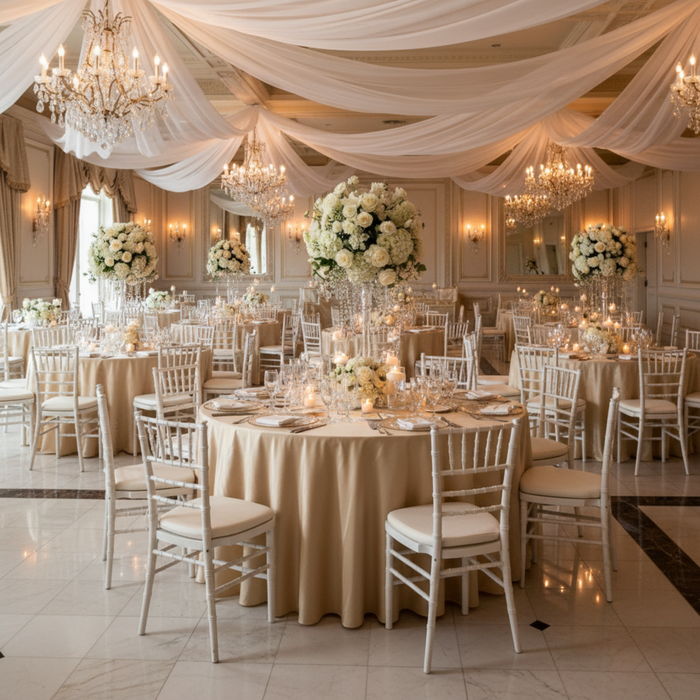 Indoor Wedding Reception – Champagne Taffeta 132 Round Tablecloth