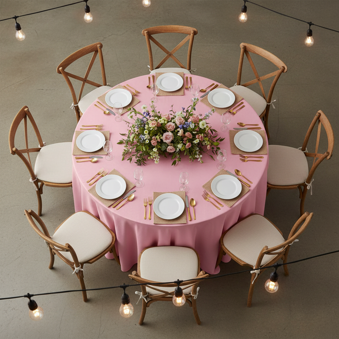 Taffeta Tablecloth 132" Round - Pink | charger plate | wine goblets | flower centerpiece |