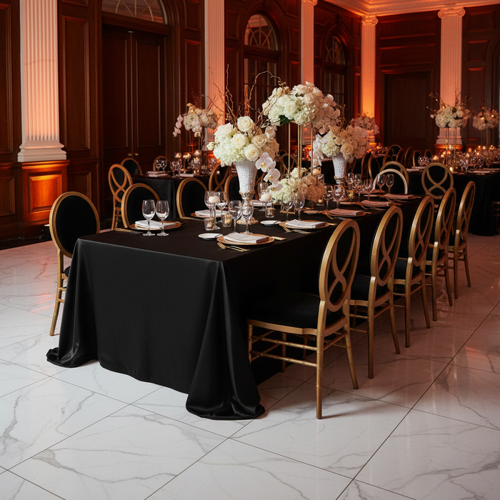 Taffeta Tablecloth 90"x156" Rectangular - Black | charger plate | napkin | wine goblet |