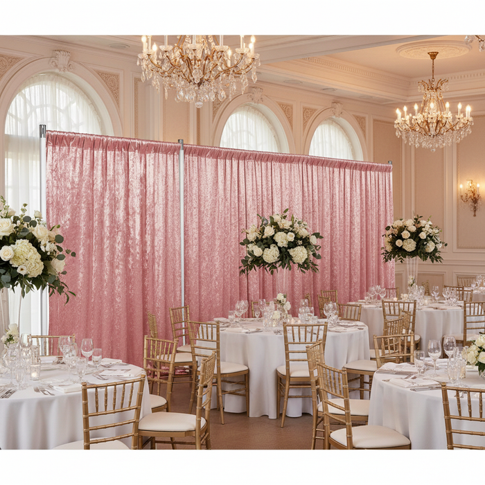 indoor wedding reception with Velvet 10ft H x 52" W Drape/Backdrop Curtain Panel - Dusty Rose/Mauve