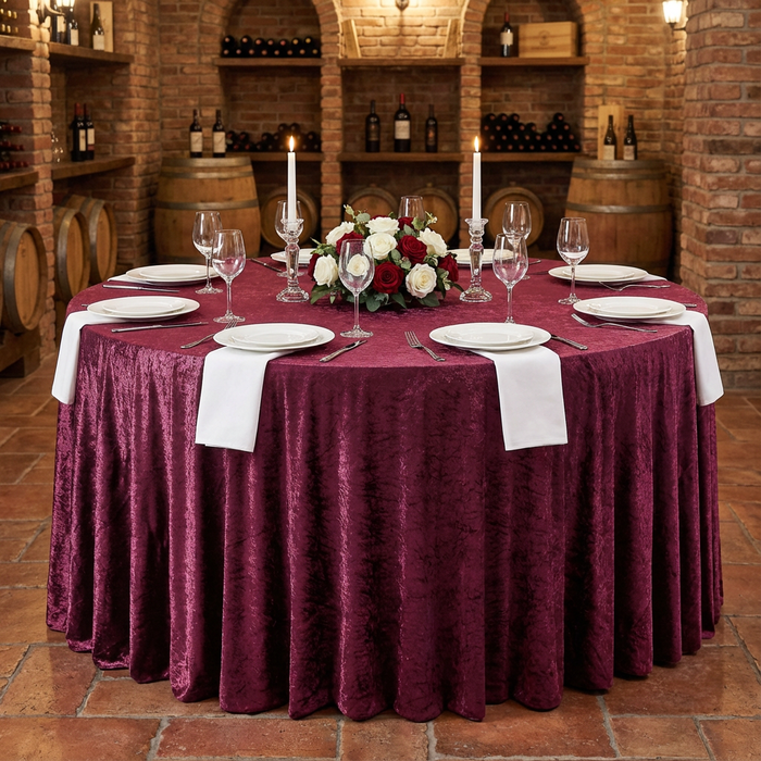 Velvet 132" Round Tablecloth - Burgundy - CV Linens