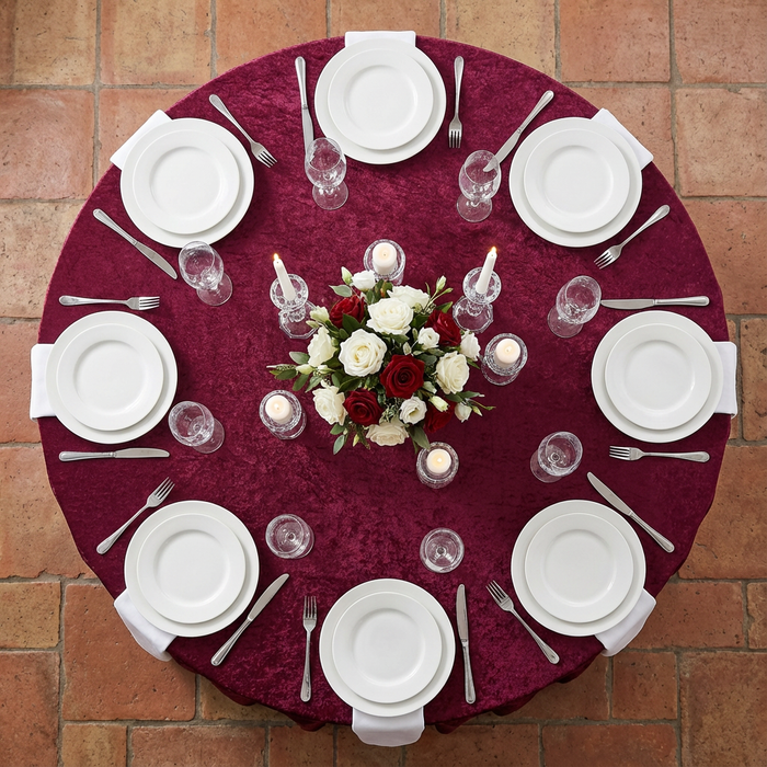 Velvet 132" Round Tablecloth - Burgundy - CV Linens