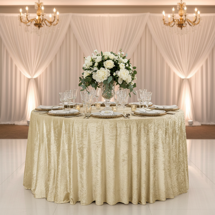 Velvet 132" Round Tablecloth - Champagne Front View