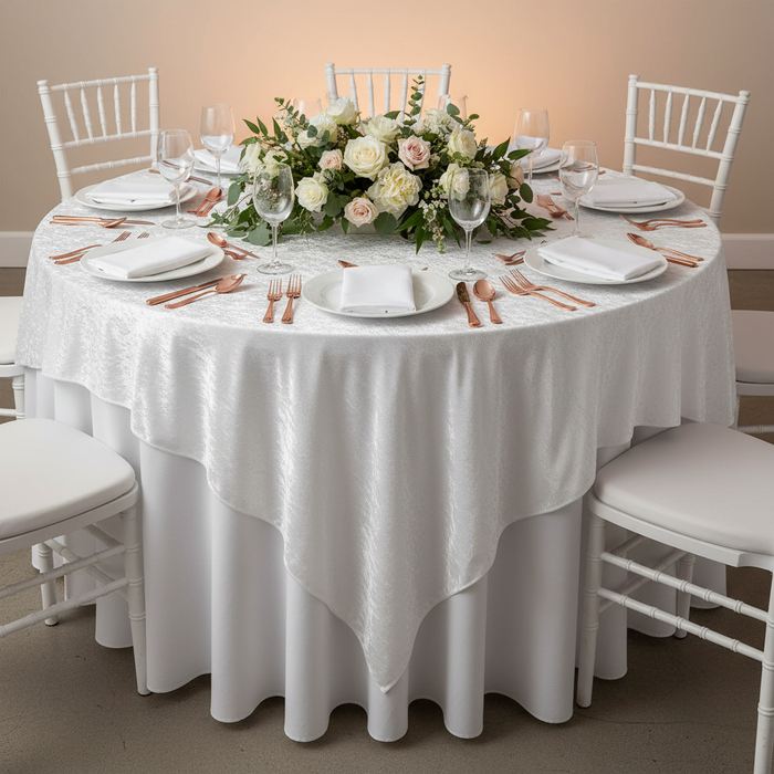 Velvet 85"x85" Square Tablecloth Table Overlay - White | tablecloth | napkin | charger plate | wine goblets | centerpiece |
