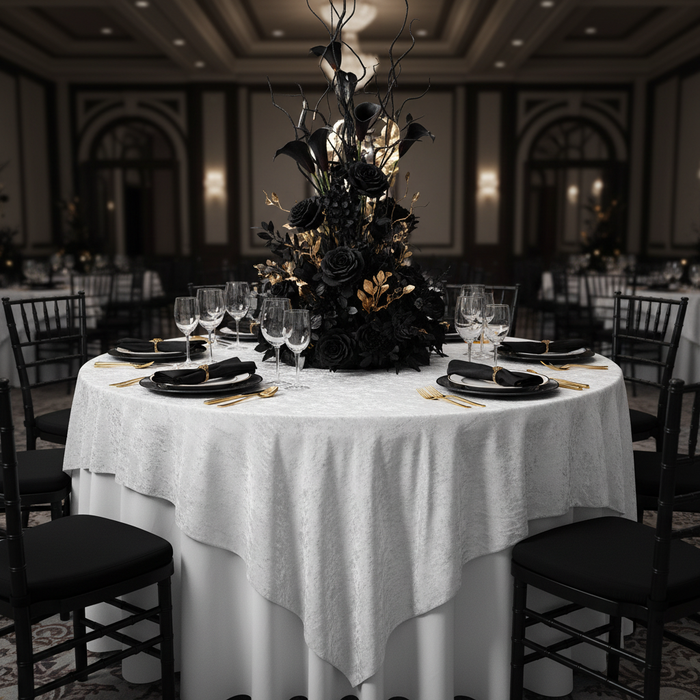 Velvet 85"x85" Square Tablecloth Table Overlay - White | tablecloth | napkin | charger plate | wine goblets | centerpiece |