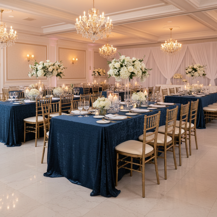 Navy Blue Velvet 90x132 Rectangular Tablecloth – Indoor Reception