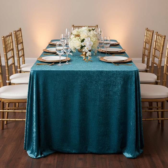 Velvet 90"x132" Rectangular Tablecloth - Peacock Teal | charger plate | wine goblets | centerpiece |