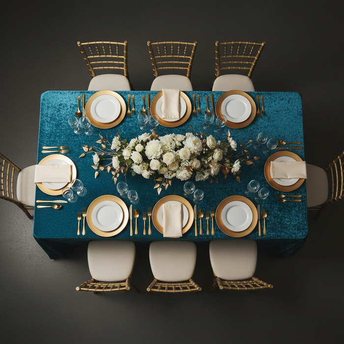 Velvet 90"x132" Rectangular Tablecloth - Peacock Teal | charger plate | wine goblets | centerpiece | napkin |