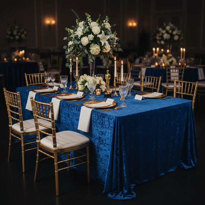 Velvet 90"x132" Rectangular Tablecloth - Royal Blue with Chiavari Chairs.
