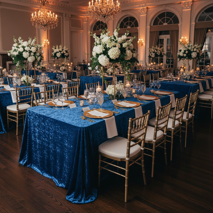 Velvet 90"x132" Rectangular Tablecloth - Royal Blue with Chiavari Gold Chairs.
