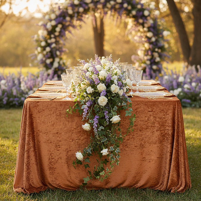 Velvet-90x132-Rectangular-Tablecloth-Rust | charger plate | wine goblets | centerpiece |