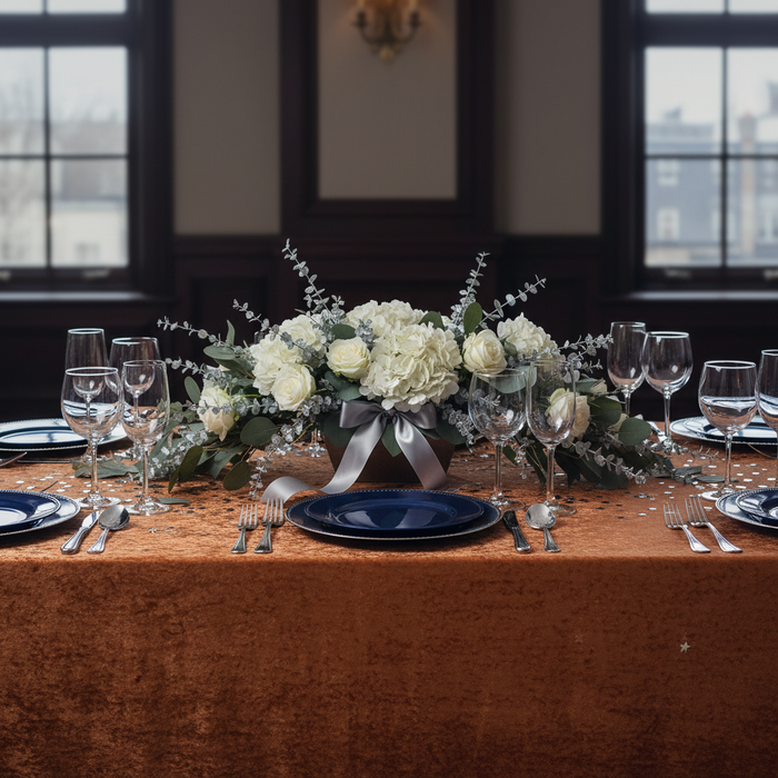Velvet-90x132-Rectangular-Tablecloth-Rust | charger plate | wine goblets | centerpiece |