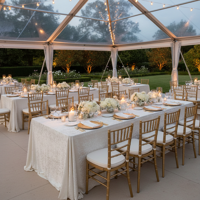 glass marquee tent setup with Velvet 90"x132" Rectangular Tablecloth - White