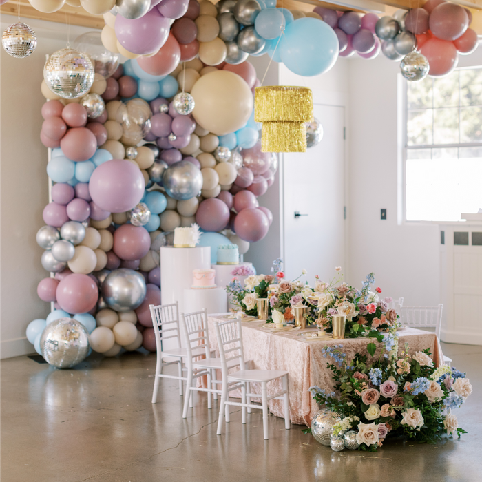 birthday setup with Velvet 90"x156" Rectangular Tablecloth - Blush/Rose Gold
