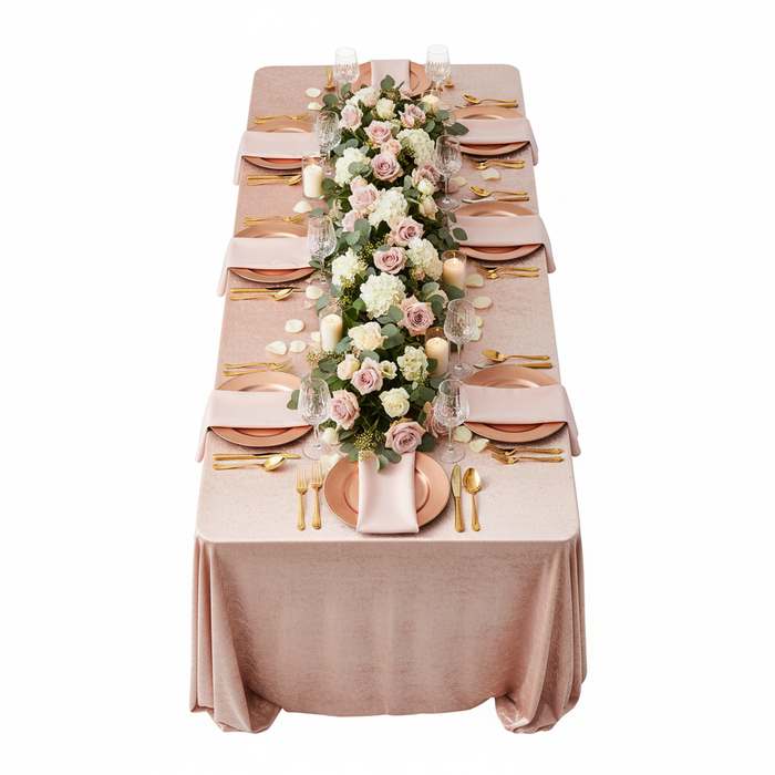 top view of Velvet 90"x156" Rectangular Tablecloth - Blush/Rose Gold